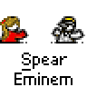 Animated contact sheet of 12 frames showing two pixel-art characters interacting with speech bubbles and text labels, arranged in a 4x3 grid on gray background.