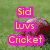 A static image with four distinct text sections: pink 'Sid Luvs Cricket' on green grass, black 'Football (Go da Pies)' over a soccer player, blue 'And Netball' on a crowd scene, and empty gray space.