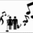 Pixelated black-and-white illustration of two figures on a stage with musical notes, set against a bright pink background with text fragments.