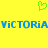 Yellow background with green pixelated heart symbol above blue text reading "VICTORIA VICTORIA" in blocky font.