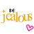Animated sequence of 'jealous' text with pink hearts and small dots, each frame showing variations in color saturation and dot placement.