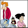 Pixelated cartoon characters: orange-haired man in red jacket, blue pants, and white shirt; small black-and-white bird-like creature; black-haired woman in pink hoodie, all standing against white background.