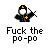 Pixelated character in black uniform with yellow accents holding a bow, below text reading 'Fuck the po-po' on gray background.