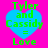 Four identical blue heart-shaped icons with green text on a pink background, each displaying "Tyler and Cassidy = Love" in pixelated font.