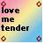 Pixelated static icon with gradient background and text reading 'love me tender' in dark brown letters, four small circular decorative elements at corners.