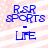 Blue text 'R.sR SPORTS - LIFE' on a pink and white striped background with pixelated appearance.