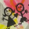 Two stick-figure characters with smiling faces, one in a black dress and the other in black shorts, wave against a pink and yellow background.