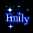 Pixelated blue text 'Emily' with white highlights and a dark outline, surrounded by scattered star shapes in various sizes and colors on a black background.