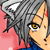 Pixelated anime-style character with gray hair, yellow eyes, and a blue garment against pink background.