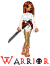 Pixel art of a female warrior character with orange hair, white top, brown belt, beige pants, and brown boots holding a sword, with text below.
