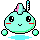 Pixel art character with light blue body, pink and white horn, red cheeks, black eyes, small smile, floating above light blue puddle on gray background.