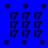Four grids of pixelated '17' symbols with heart icons on blue, purple, pink, and dark purple backgrounds