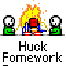 A 4-frame animated contact sheet showing a pixel art character with flames on their head, surrounded by green stick figures, with text "Huck Fomework" below each frame.