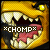 identical pixelated cartoon mouths with yellow skin, sharp teeth, pink tongues, and glowing yellow eyes, each displaying the text *CHOMP*