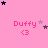 Pink background with repeated 'Duffy' text and heart symbols, surrounded by scattered stars in dark blue and light purple.