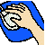 Pixelated hand holding a circular object with checkered pattern on blue background.