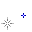 Pixelated star-shaped icons in blue, red, and yellow hues on a gray background with scattered small dots.