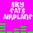Pixelated text and green bars on a bright pink background, with two identical sections of 'SKY EATS AIRPLANE' text above each bar sequence.