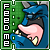 Pixelated blue dragon head with pink tongue and yellow teeth against green background, vertical text on left side.