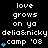 Pixel art icon with white text on black background showing 'love grows on ya' above 'delia&nicky camp '08', each line repeated three times in a
