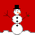 Pixelated snowman with black top hat, orange carrot nose, and three black buttons on each body segment against red and green backgrounds.