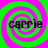 Four identical spiral patterns in green and pink with the word 'carrie' overlaid in black text on each spiral.