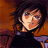 Pixelated static image of a character with dark hair and purple eyes against an orange-brown gradient background, wearing a black outfit with purple accents.