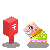 Pixelated character in checkered outfit stands beside red mailbox with white symbol, then gains yellow speech bubble reading MAIL.