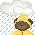 Pixelated bear in yellow raincoat and hat stands under clouds with falling rain, lightning bolts appear sequentially above.