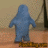 Pixelated blue figure in full-body suit stands facing away from viewer, arms slightly outstretched against muted brown and beige background with vertical dark line on right.