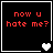 Four black square with red text 'now u hate me?' and white borders, each containing a different heart symbol animation