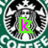 Green background with repeating circular Starbucks siren logos; four green rectangular text boxes overlay the image containing pink letters 'k', 'ko', 'koo', and 'KOOL' in sequence.