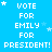 Blue background with white pixelated text repeating 'VOTE FOR EMILY FOR PRESIDENT!' and scattered small white stars.