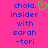 A static pixel art image with bright pink background, blue text reading 'chola. insider with sarah -tori', and a green pixelated heart symbol next to 'chola.'