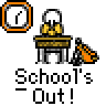 Animated contact sheet of a pixel art school-themed buddy icon showing a student character at a desk with various motion states and text "School's Out!" across multiple frames.