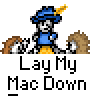 Animated pixel art contact sheet showing a character with blue hat and yellow stick performing actions across five frames, each labeled "Lay My Mac Down" in white text below.
