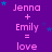 Purple background with repeated pink text 'Jenna + Emily = love' and scattered blue stars, static image.