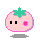 Pixelated pink tomato-shaped avatar with green stem, black square eyes, and pink circular cheek, displayed in four variations showing eye and cheek position changes.