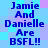 Blue pixelated text on a blue and purple checkered background, repeating "Jamie And Danielle Are BSFL!!" in two vertical