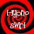 Four identical red and black spiral patterns with white text reading "[H]ello swrl" arranged in a on a solid black background