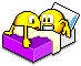 Two yellow cartoon figures lie in a purple bed with white sheets and pillows, their expressions shifting from neutral to smiling as they interact.