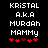 Pixelated text displays 'KRISTAL A.K.A MURDAH MAMMY' above red heart symbols on a black background, with one heart changing color between frames.
