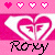 Pixelated pink background with heart borders, repeated white double-heart symbols, and 'Roxy' text in black and pink fonts.
