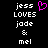 Pixelated text reads 'jess LOVES jode & mel' with a pink heart symbol above 'jess' on a black background.