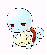 Pixelated cartoon character with light blue head, red eyes, yellow body, and brown shell-like back accessory in a 7-frame animation sequence showing slight pose changes.
