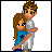 Pixel art animation of a couple embracing, transitioning to text and falling figures with 'Taken' text visible in multiple frames.