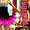 A pixelated image shows a person in a black and white checkered top and pink skirt holding a wooden object, with vertical pink text reading "FASHION" on the right.