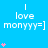 Blue background with repeated white text 'I love monyyy=]' and pink star icons in a pattern