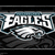Animated sequence showing the Philadelphia Eagles logo with a stylized eagle head, text "EAGLES" in white serif font on dark background.