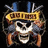 Pixelated skull wearing gold band with 'GUNS N' text, blue and white feathers on top, red pixelated text 'sweet child of mine' to the right.